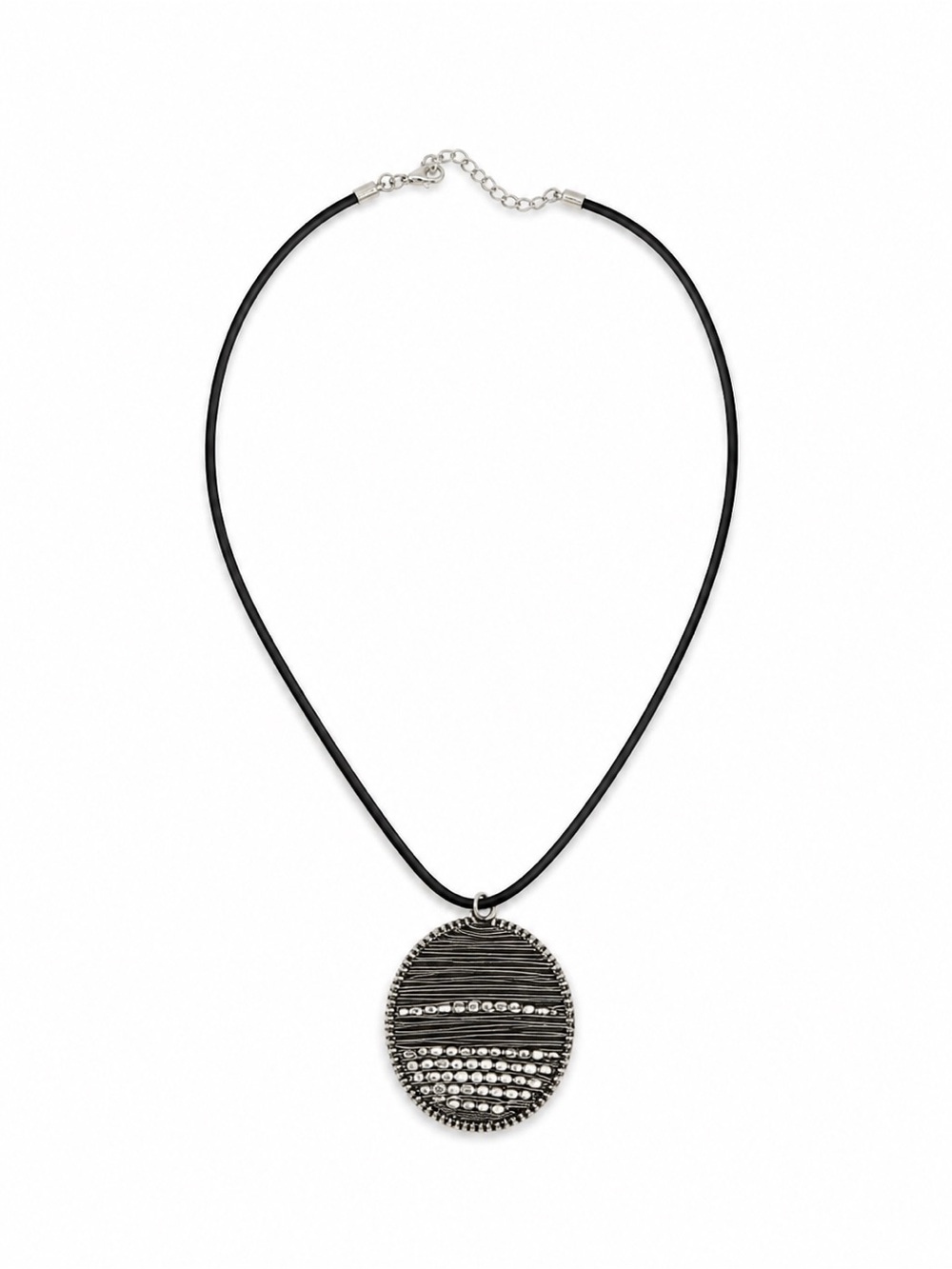 Women’s Black Cord Necklace with Silver Oval Pendant